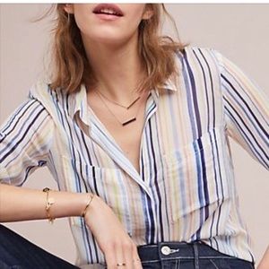 Anthropologie Striped Button-Down Shirt in Blue, Yellow, Cream